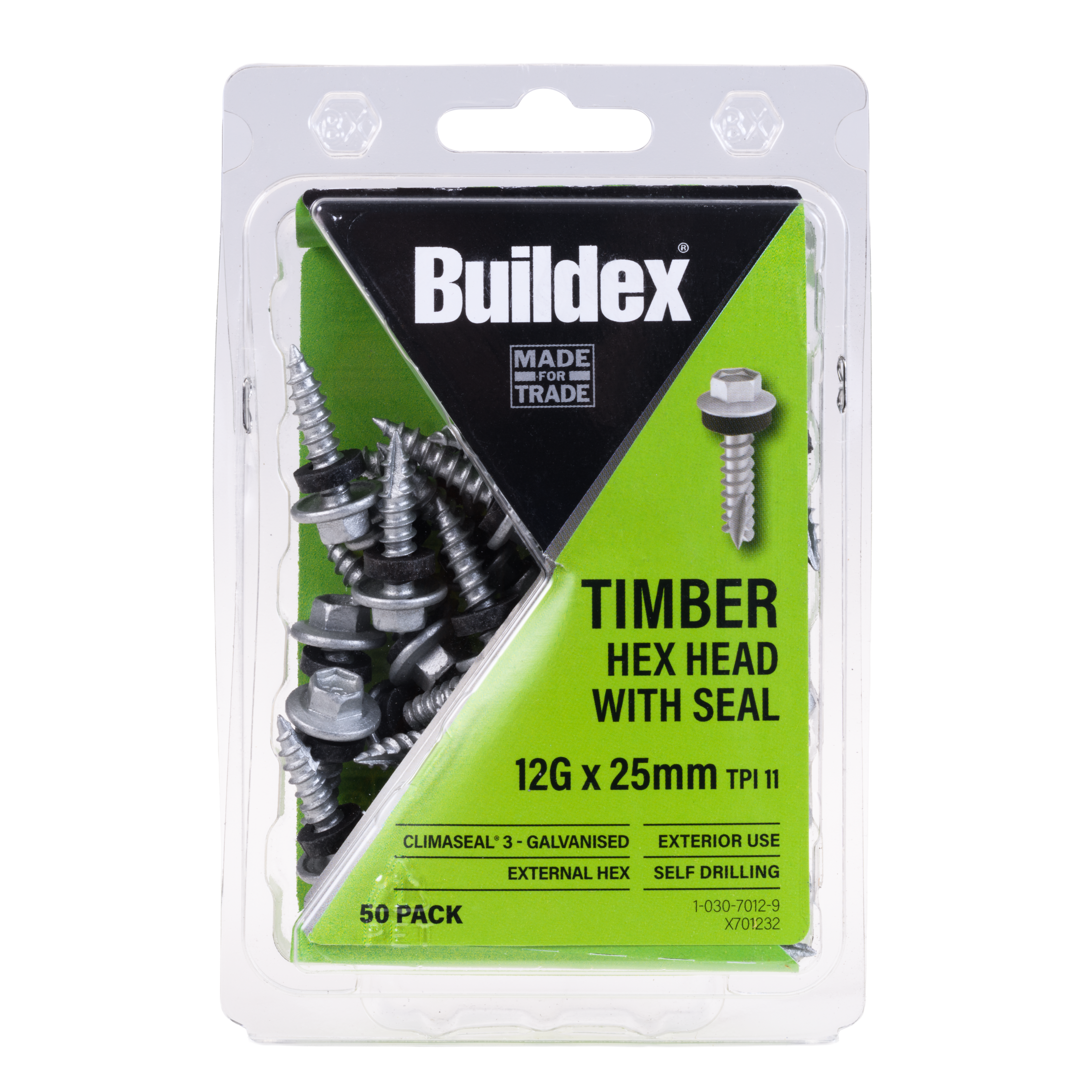 Buildex® Timber Screws 12G x 25mm – Hex Head with Seal – Climaseal® 3 – Pack of 50
