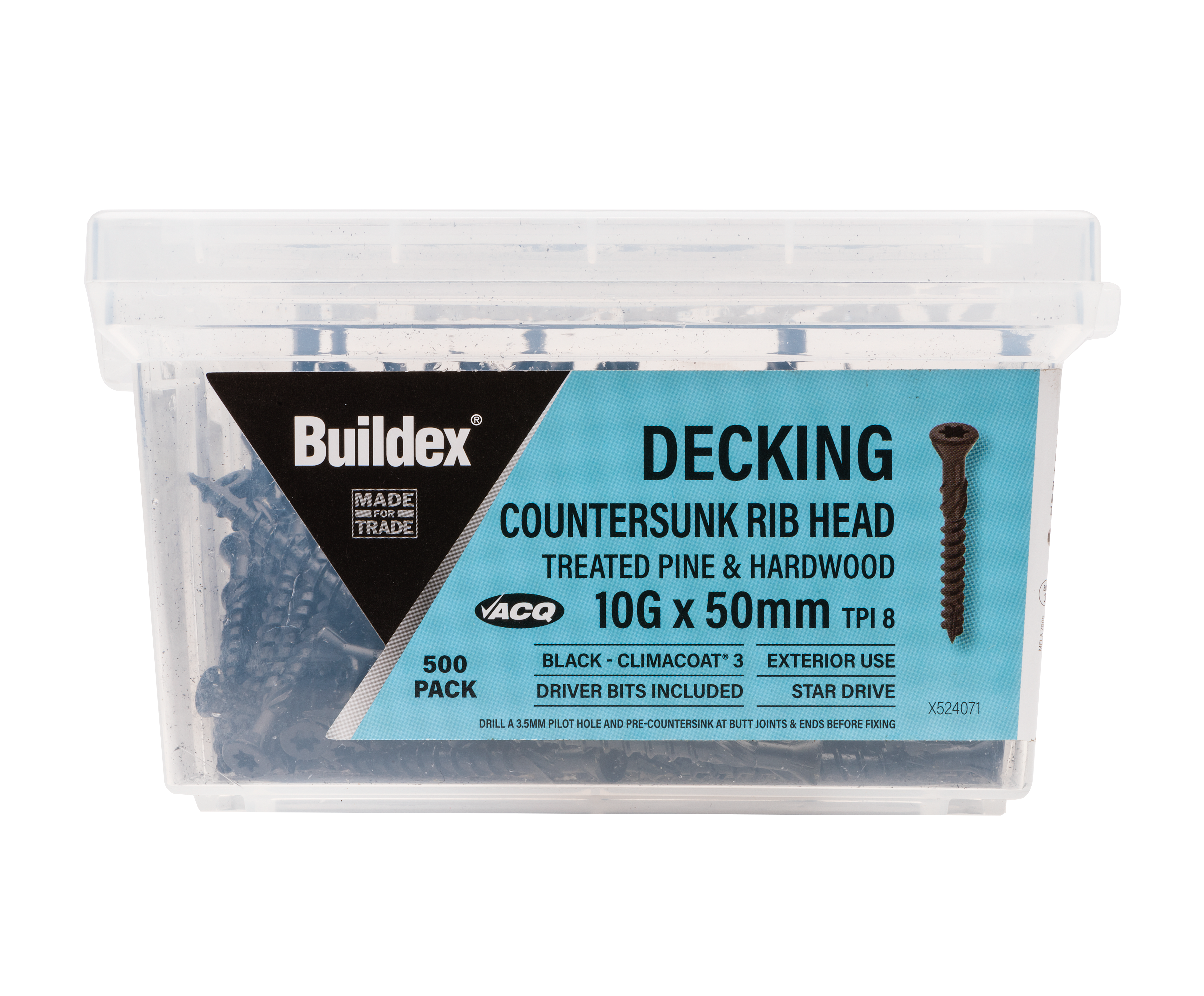 Buildex® Decking Screw 10G x 50mm – Countersunk Rib Head – Black Climacoat® 3 – Pack of 500