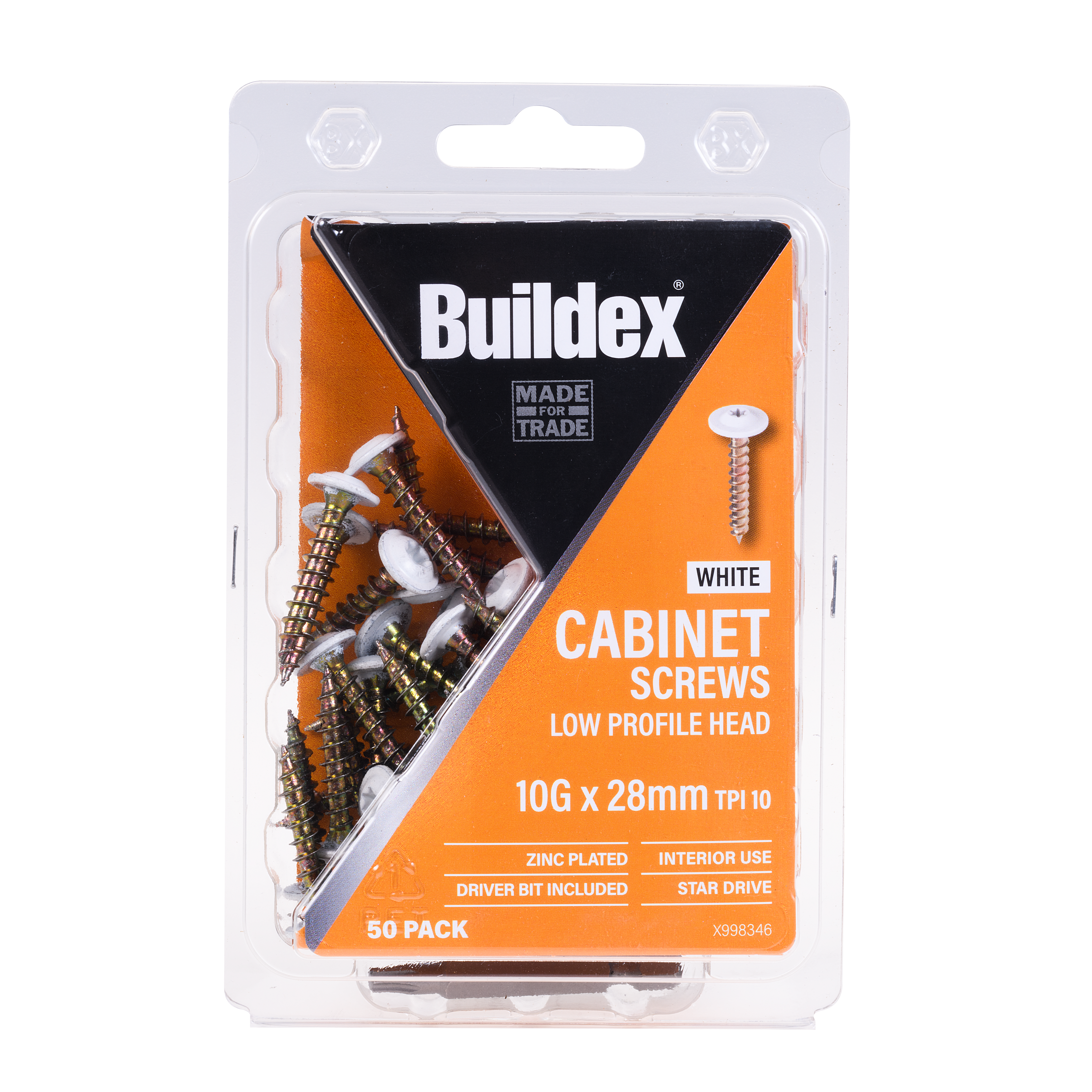 Buildex® Cabinet Screws 10G x 28mm – White Low Profile Head – Zinc Plated – 50 Pack