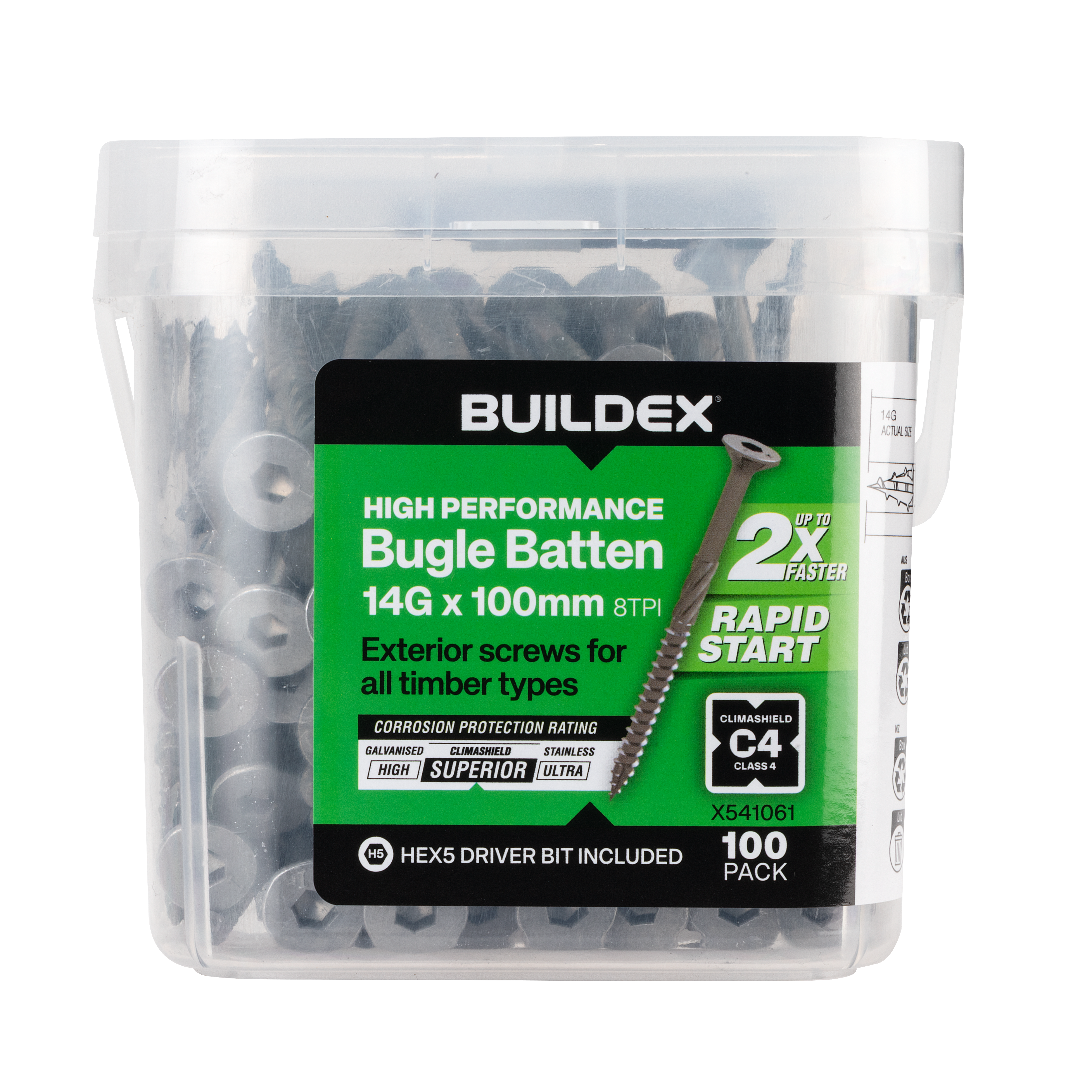 Buildex® High Performance Bugle Batten Screws 14G x 100mm – Hex Head – Climashield Class 4 – 100 Pack