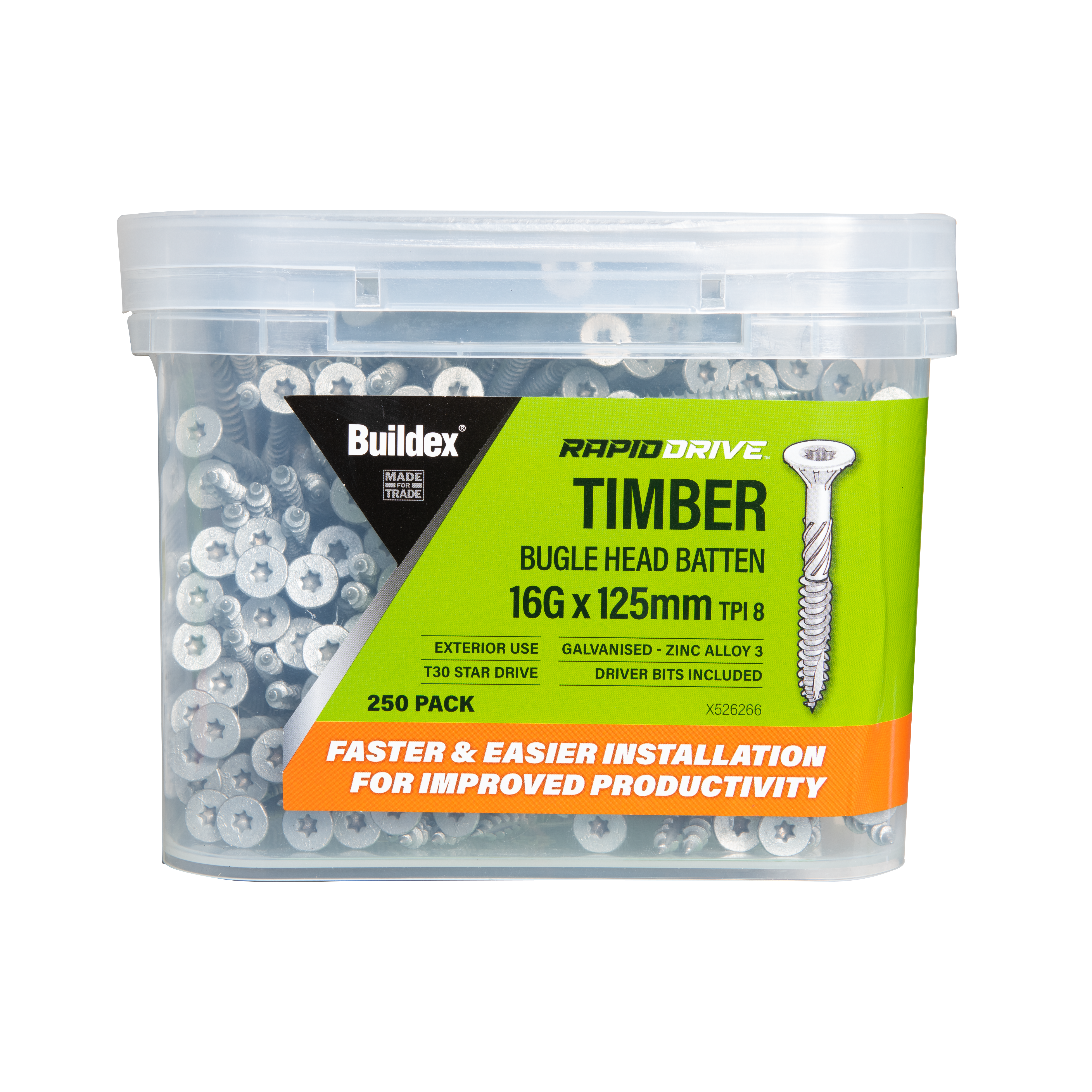 Buildex® RAPIDDRIVE Timber Screws 16G x 125mm – Bugle Head Batten – Galvanised – Zinc Alloy C3 – 250 Pack