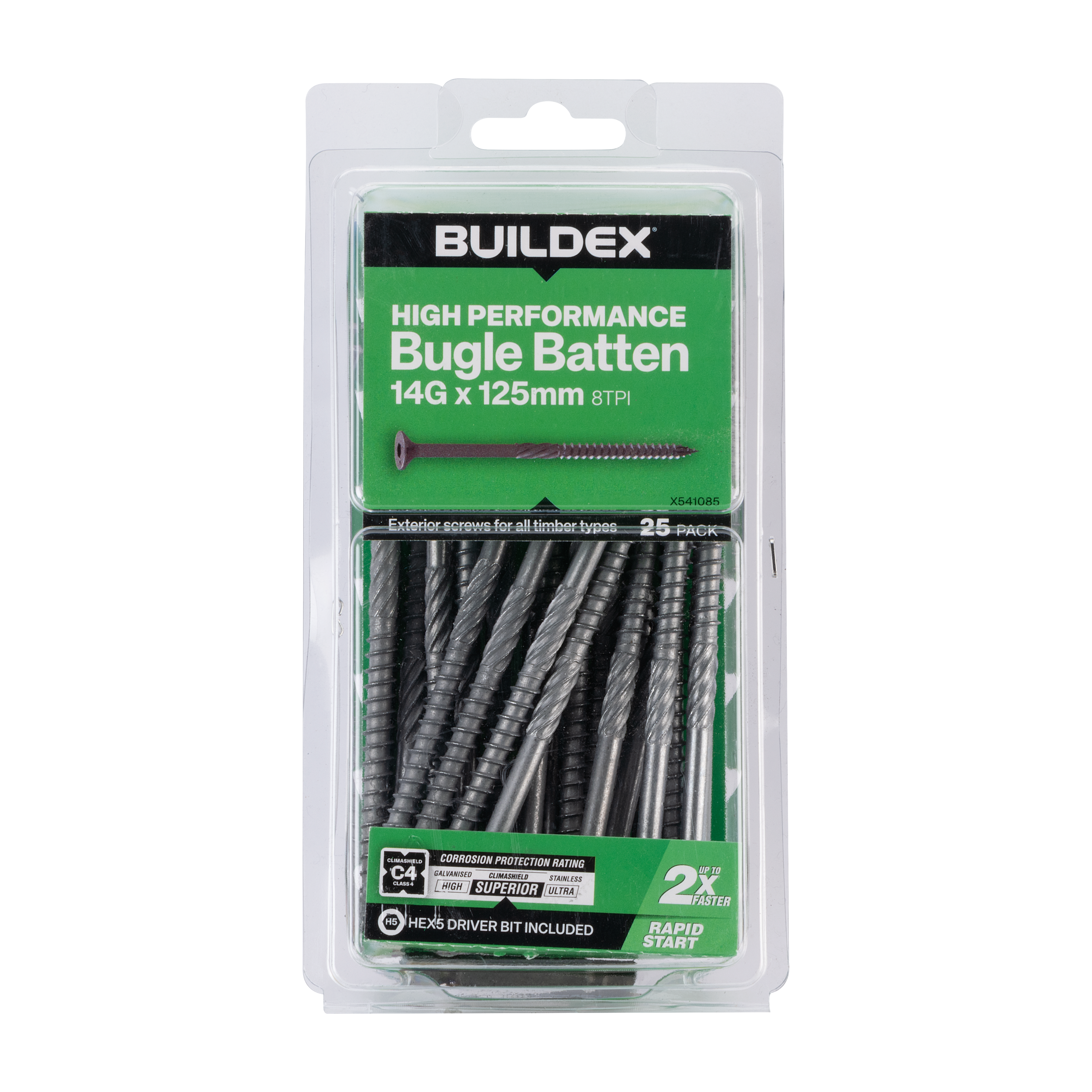 Buildex® High Performance Bugle Batten Screws 14G x 125mm – Hex Head – Climashield Class 4 – 25 Pack