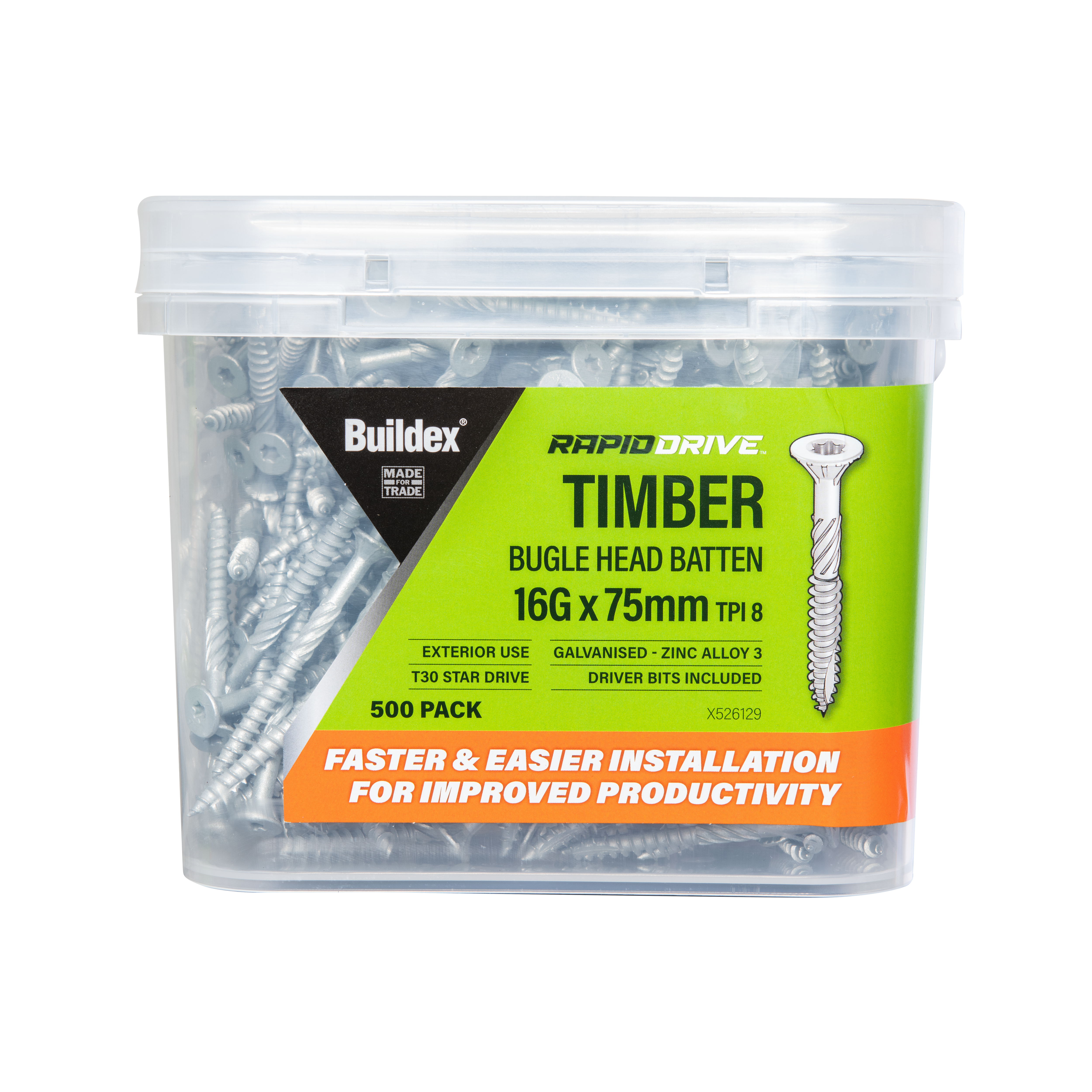 Buildex® RAPIDDRIVE Timber Screws 16G x 75mm – Bugle Head Batten – Galvanised – Zinc Alloy C3 – 500 Pack