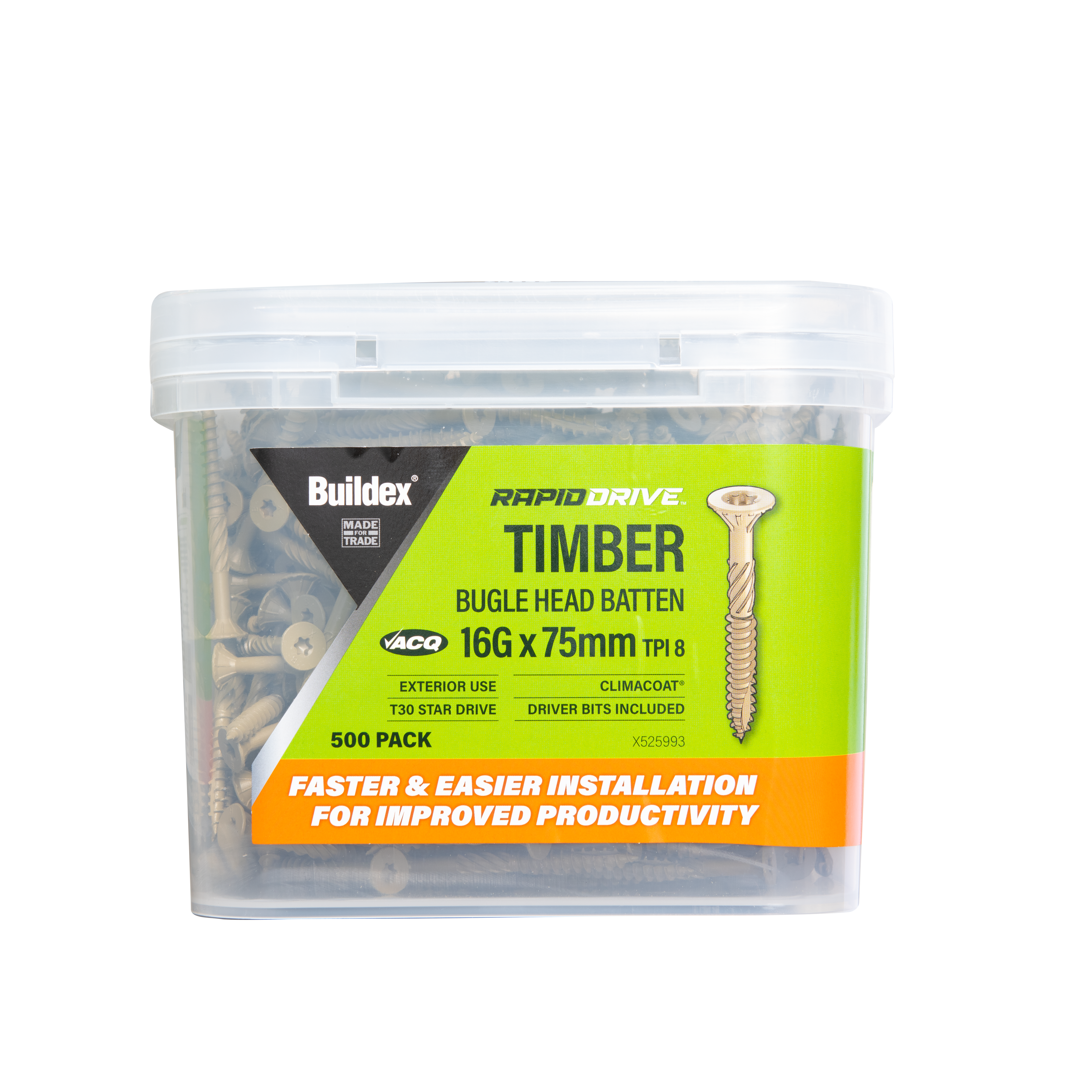 Buildex® RAPIDDRIVE Timber Screws 16G x 75mm – Bugle Head Batten – Climacoat® – 500 Pack