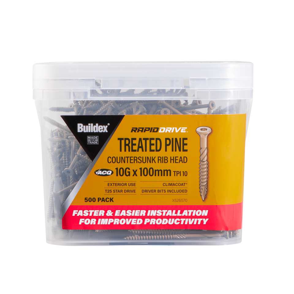 Buildex® RAPIDDRIVE Treated Pine Screws 10G x 100mm – Countersunk Rib Head – Climacoat® 3 – Pack of 500