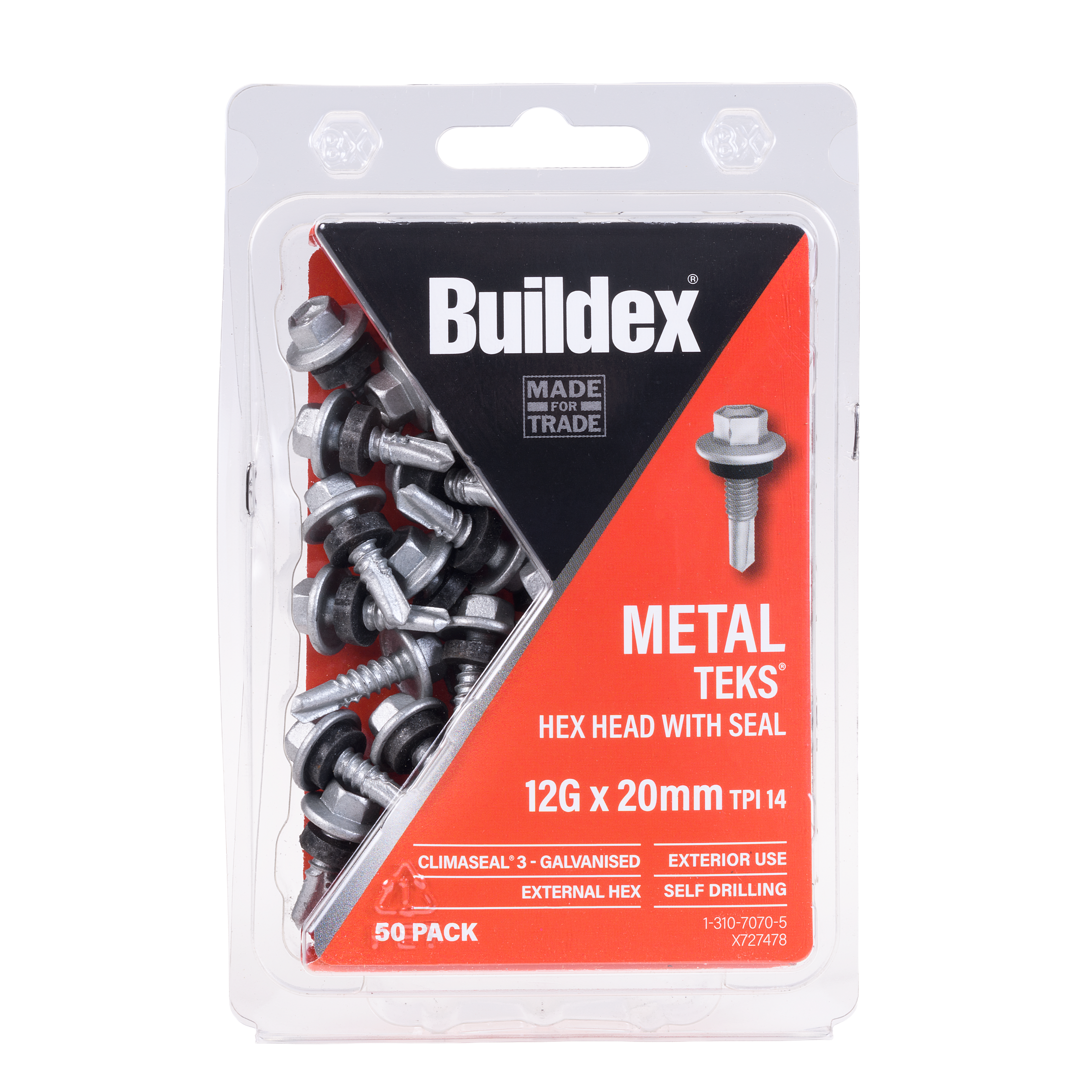 Buildex® Metal TEKS® Screws 12G x 20mm – Hex Head with Seal – Climaseal® 3 – 50 Pack