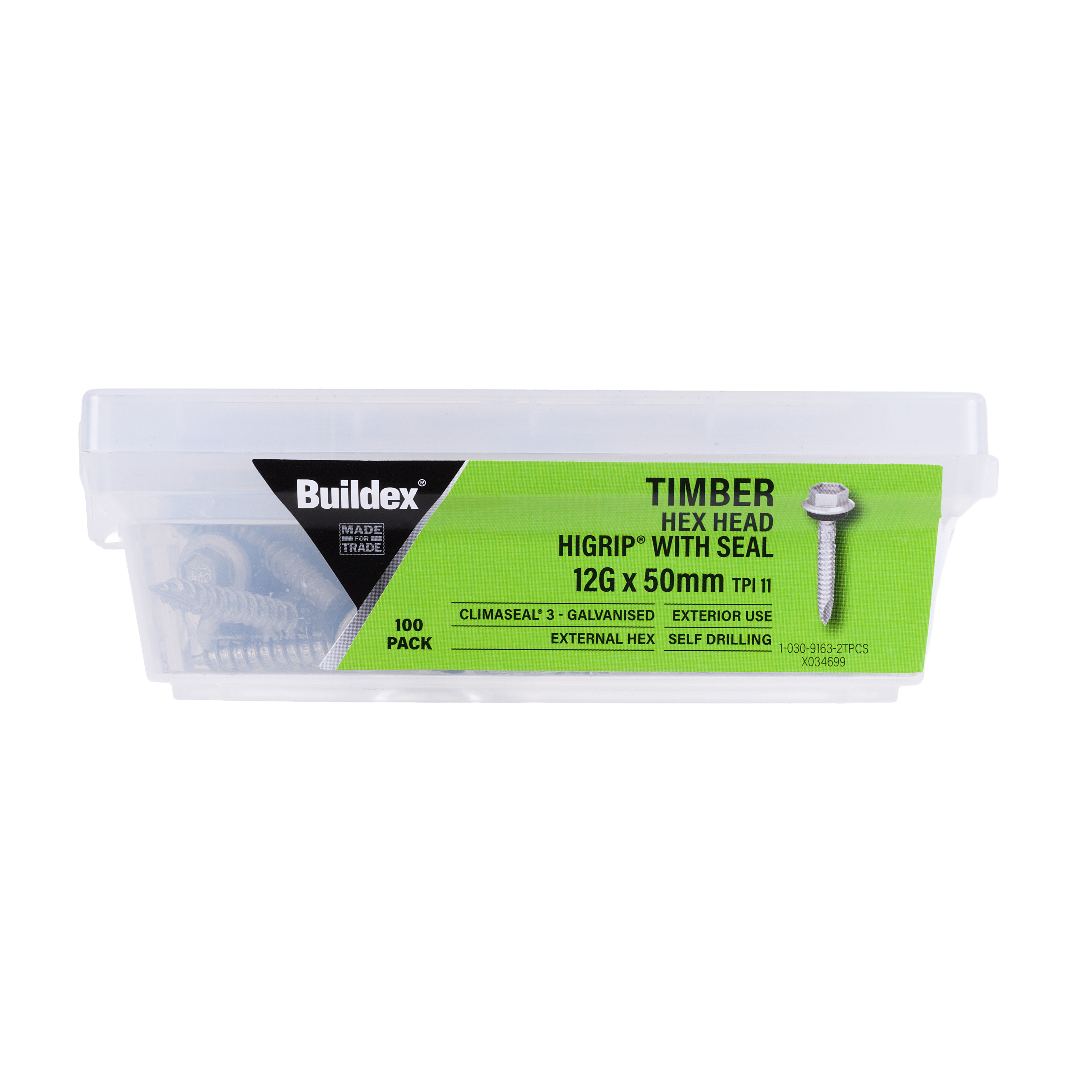 Buildex® Timber Screws 12G x 50mm – Hex Head HiGrip® with Seal – Climaseal® 3 – Pack of 100
