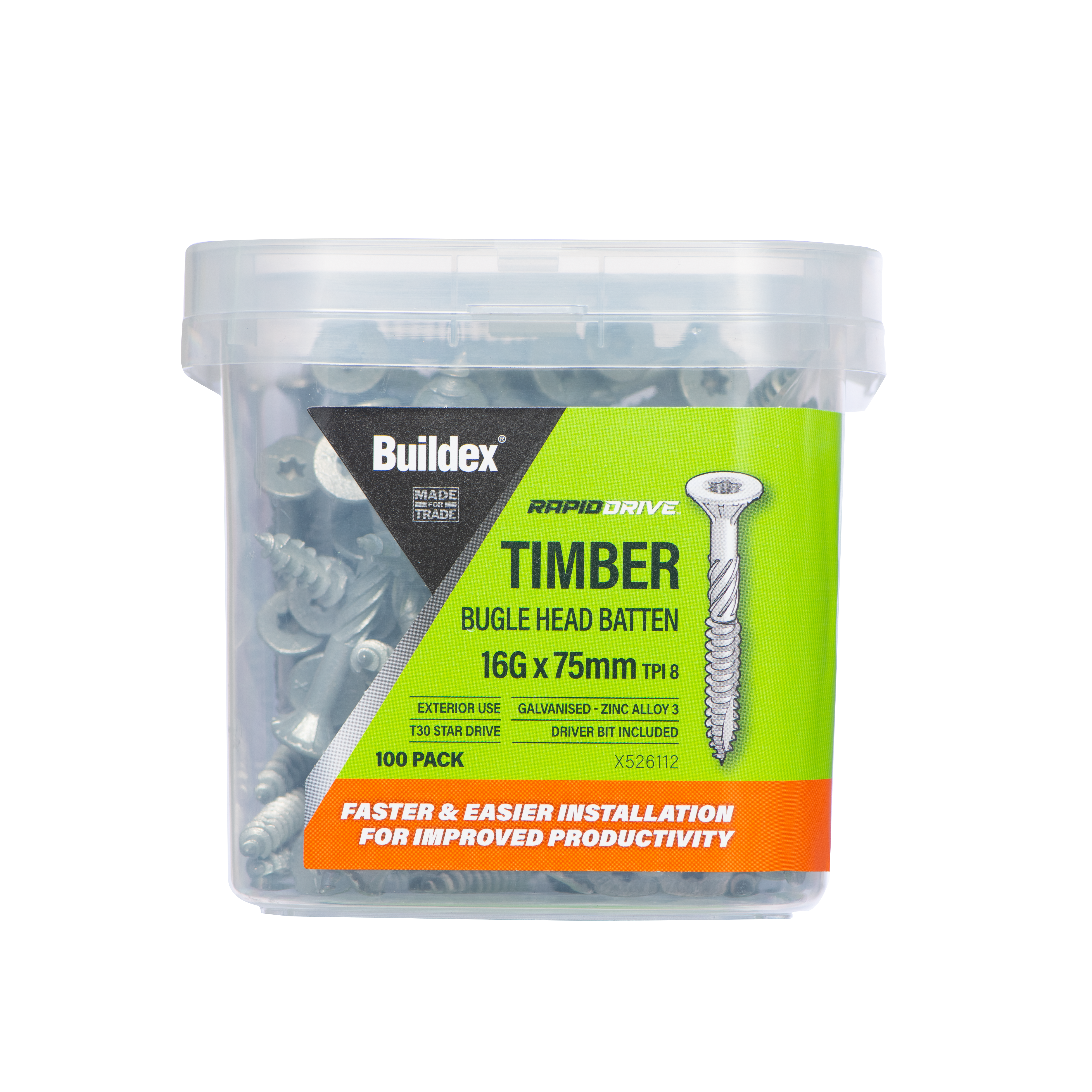 Buildex® RAPIDDRIVE Timber Screws 16G x 75mm – Bugle Head Batten – Galvanised – Zinc Alloy C3 – 100 Pack