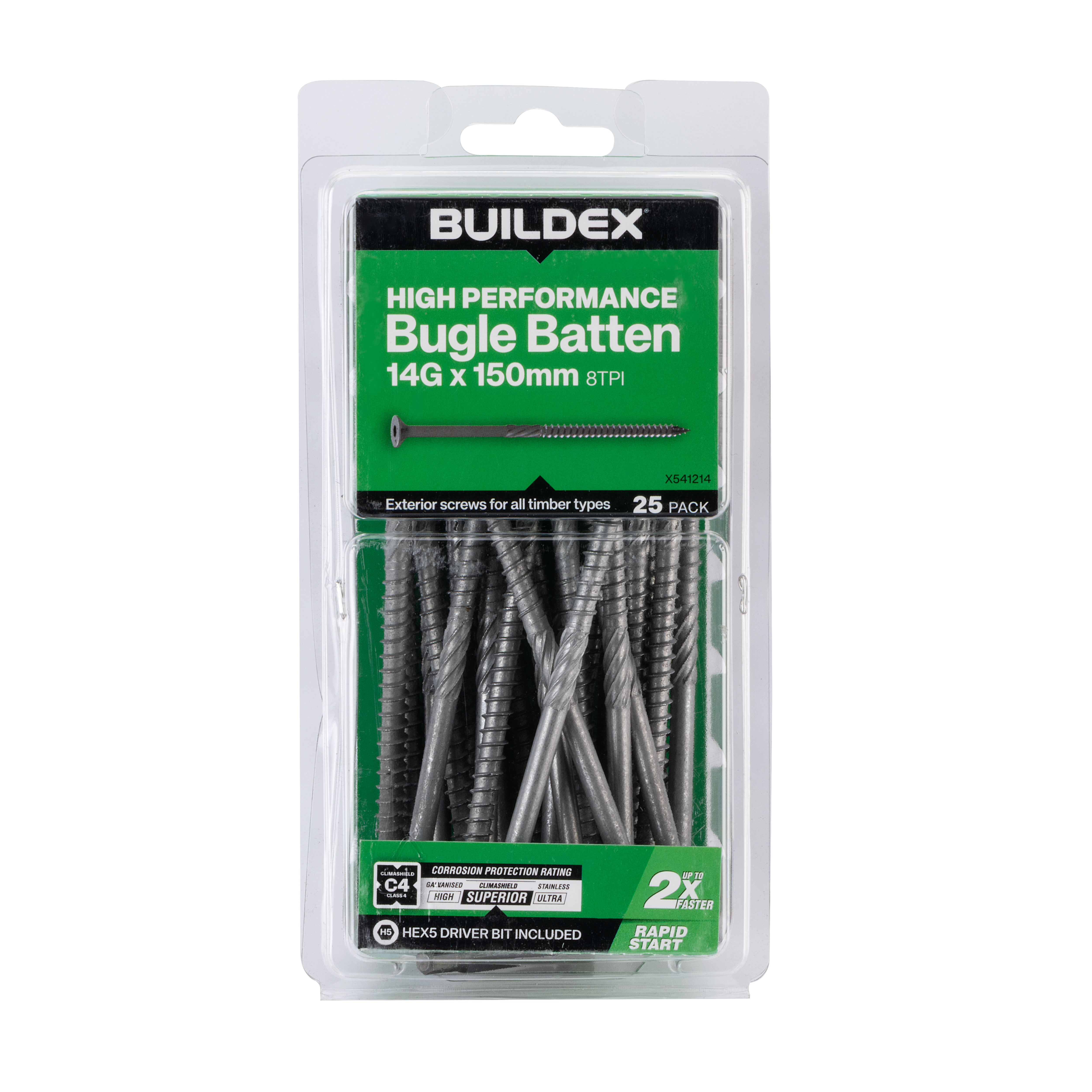 Buildex® High Performance Bugle Batten Screws 14G x 150mm – Hex Head – Climashield Class 4 – 25 Pack