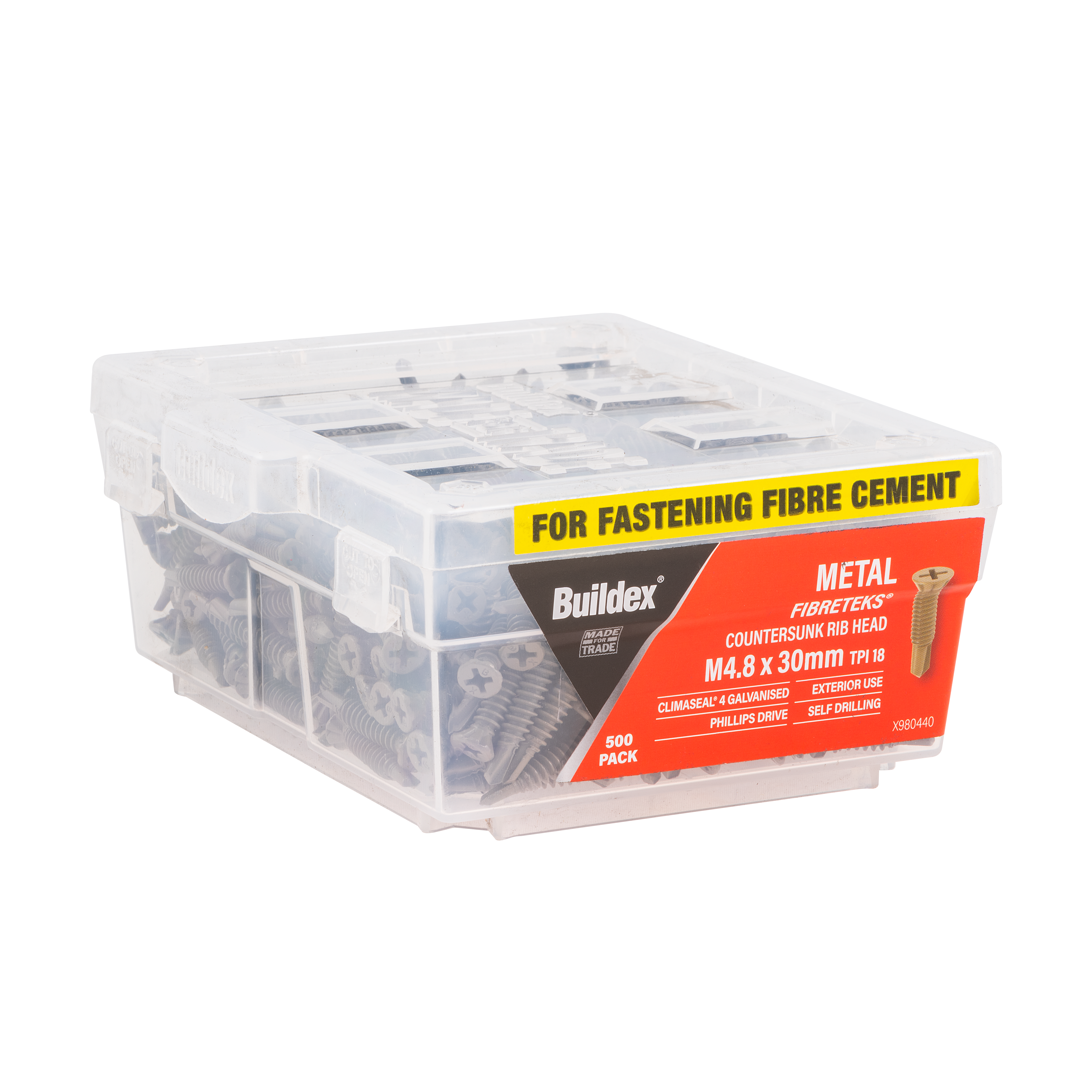 Buildex® Metal FibreTEKS® Screws M4.8 x 30mm – Countersunk Rib Head – Climaseal® 4 – 500 Pack