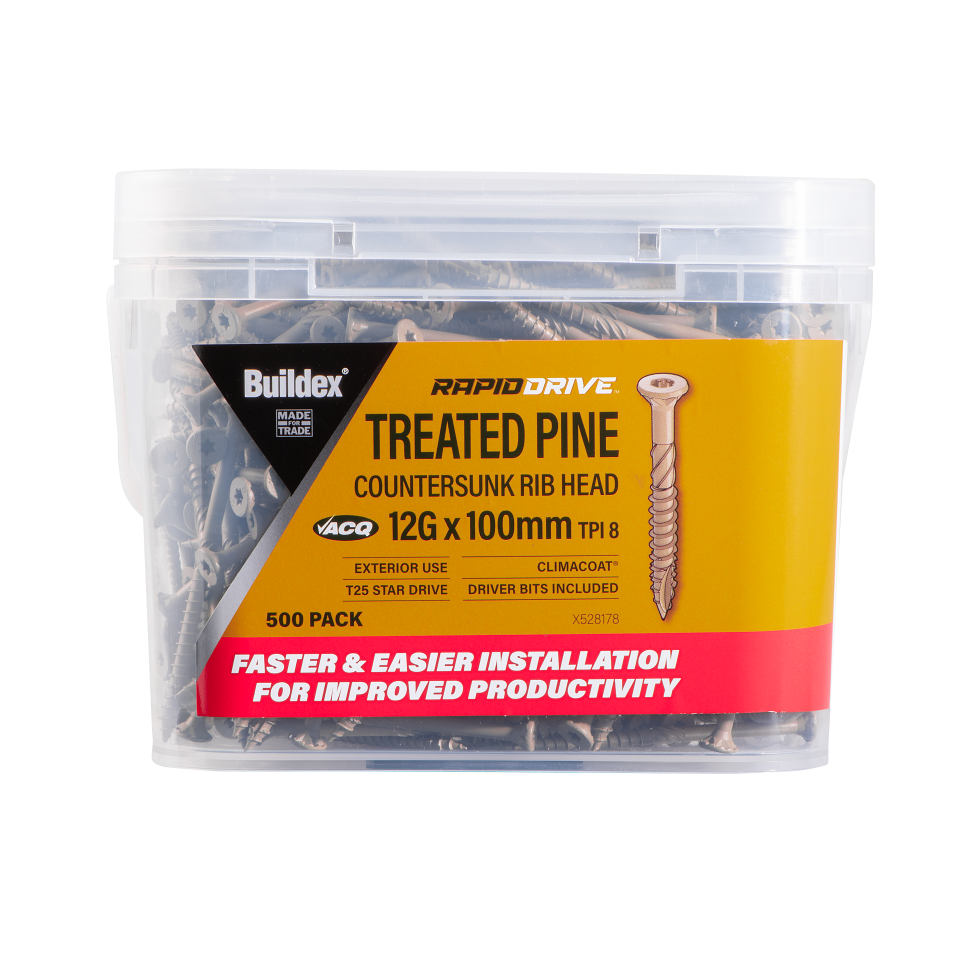 Buildex® RAPIDDRIVE Treated Pine Screws 12G x 100mm – Countersunk Rib Head – Climacoat® 3 – Pack of 500