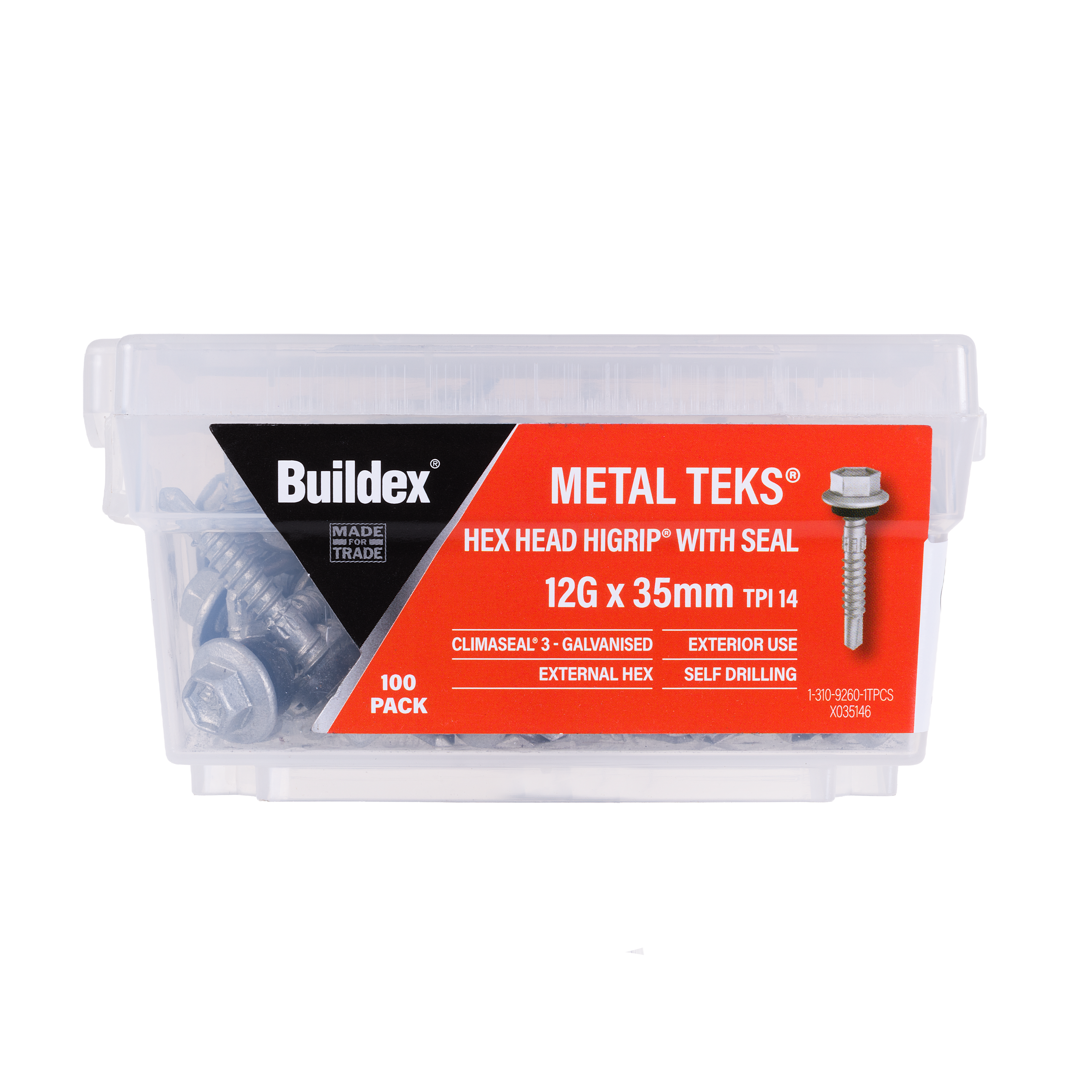 Buildex® Metal TEKS® Screws 12G x 35mm – Hex Head HiGrip® with Seal – Climaseal® 3 – Pack of 100
