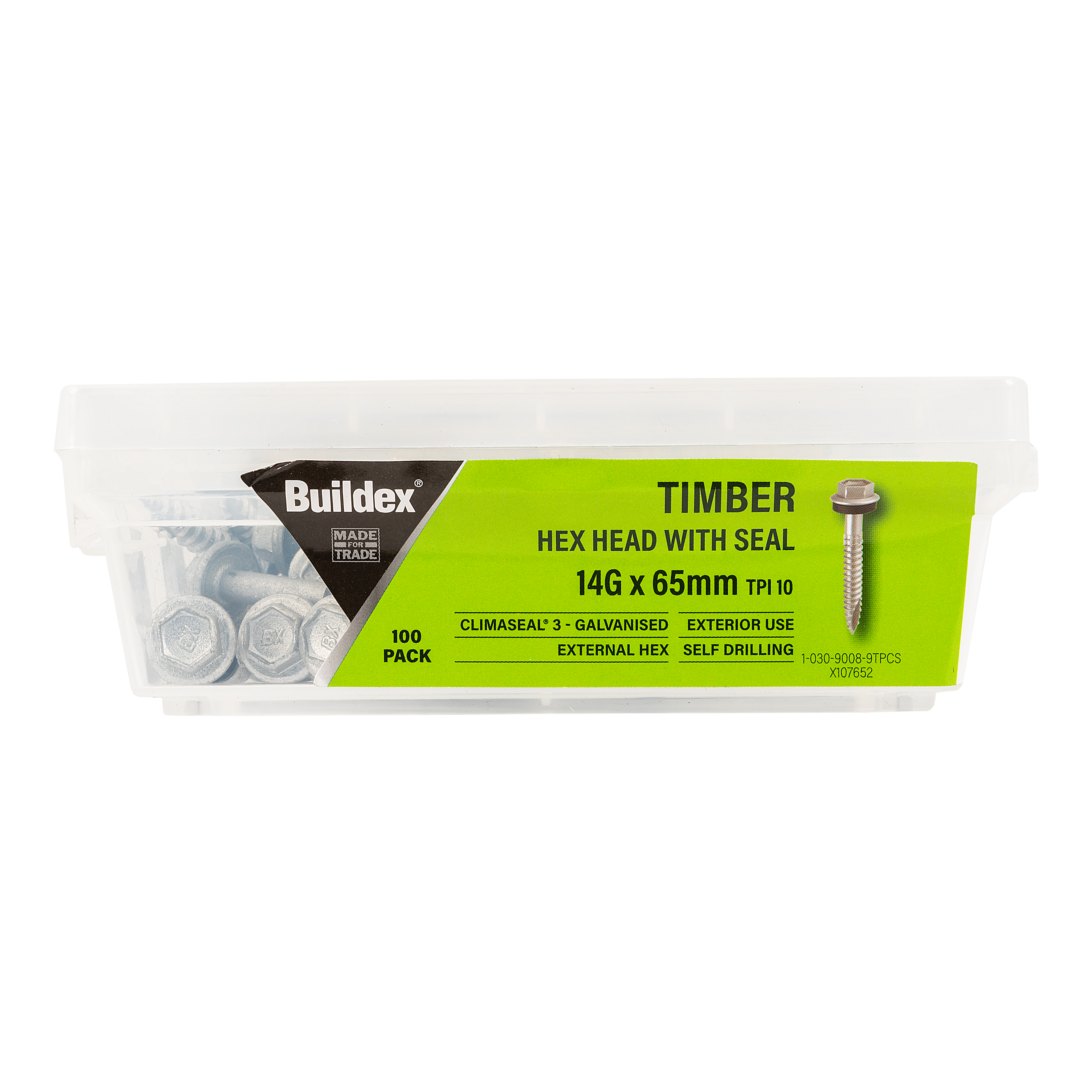 Buildex® Timber Screws 14G x 65mm – Hex Head with Seal – Climaseal® 3 – Pack of 100