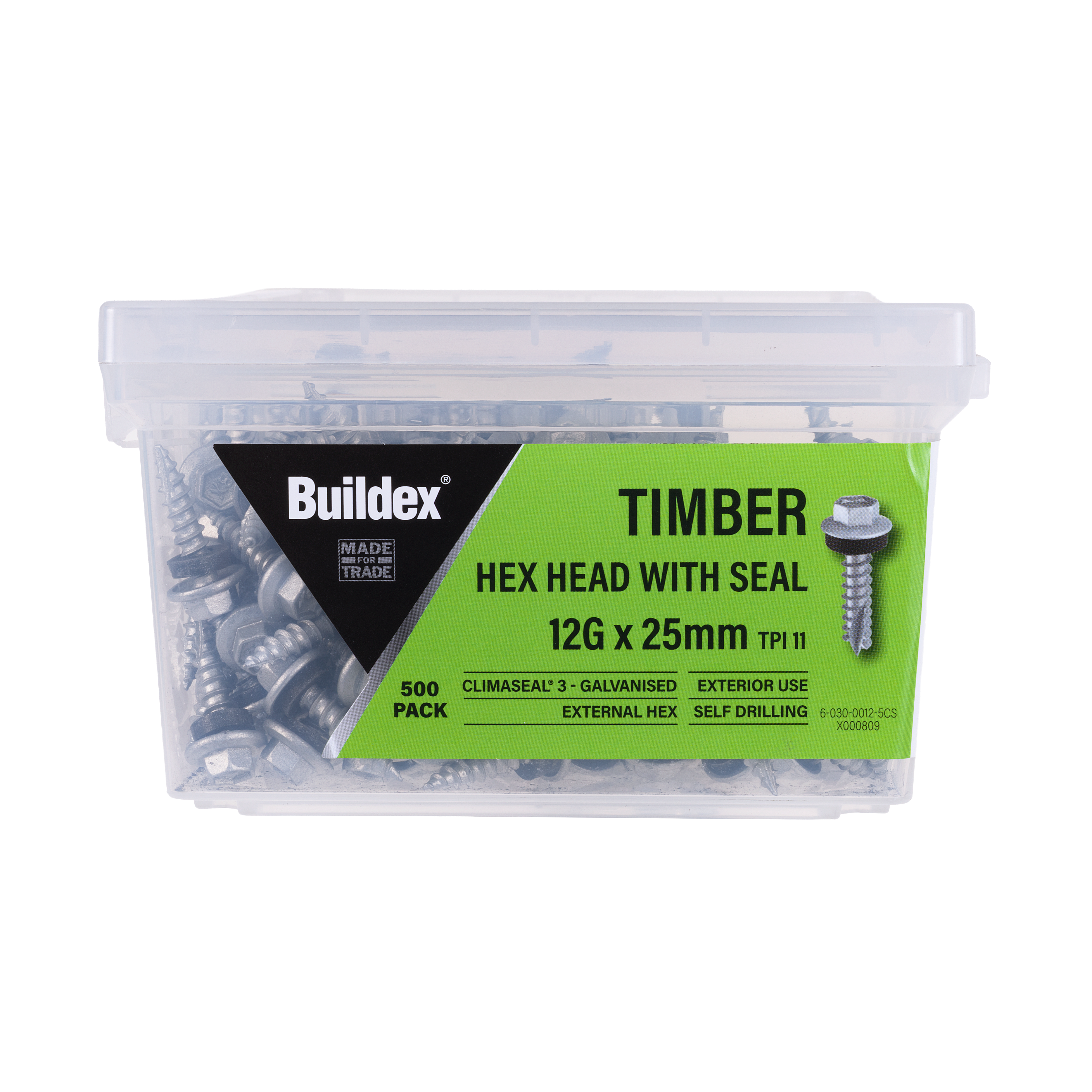 Buildex® Timber Screws 12G x 25mm – Hex Head with Seal – Climaseal® 3 – Pack of 500