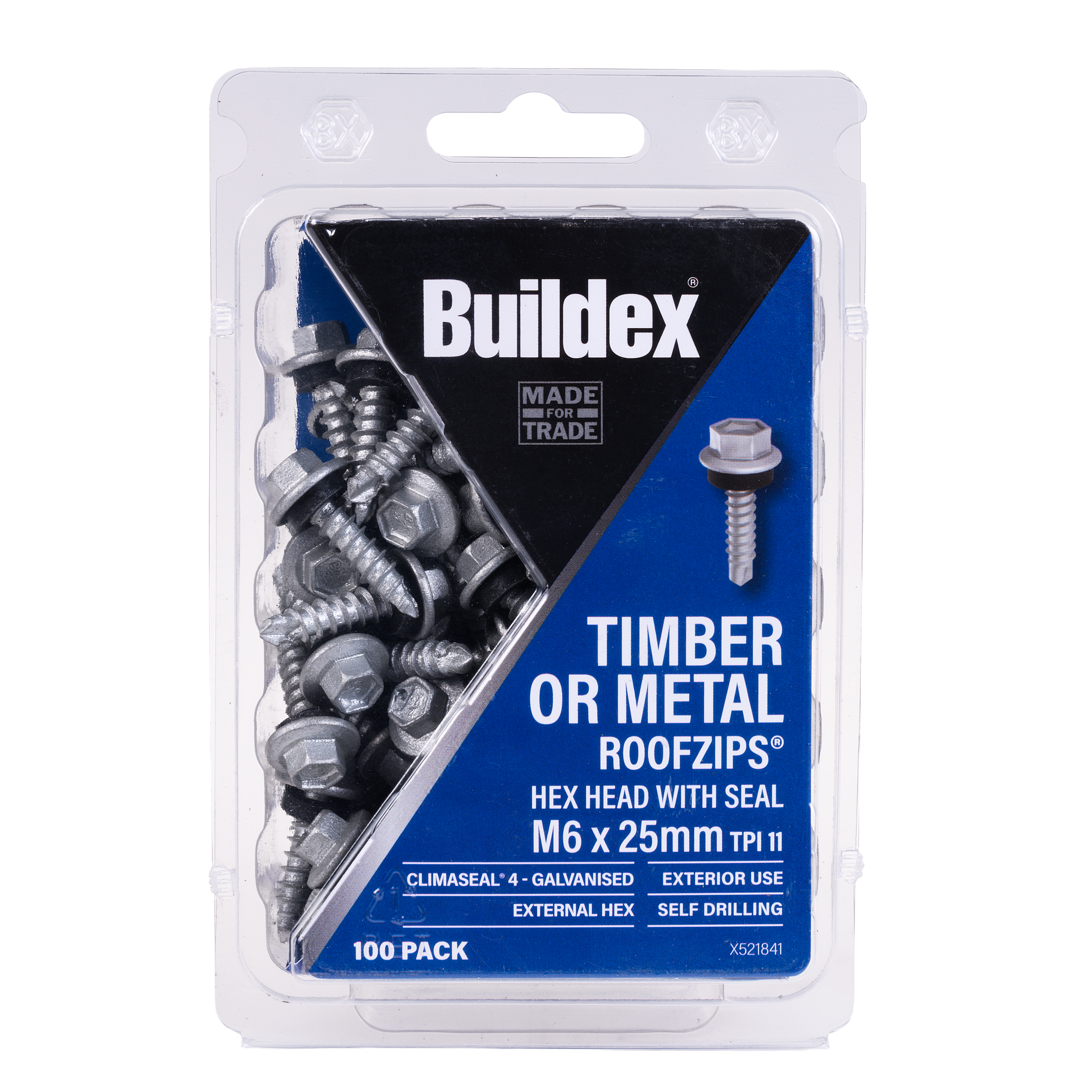 Buildex® Timber or Metal ROOFZIPS® Screws M6 x 25mm – Hex Head with Seal – Climaseal® 4 – 100 Pack