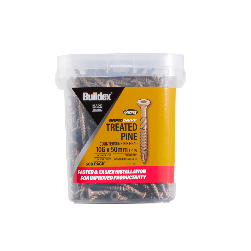 Buildex® RAPIDDRIVE Treated Pine Screws 10G x 50mm – Countersunk Rib Head – Climacoat® 3 – Pack of 500