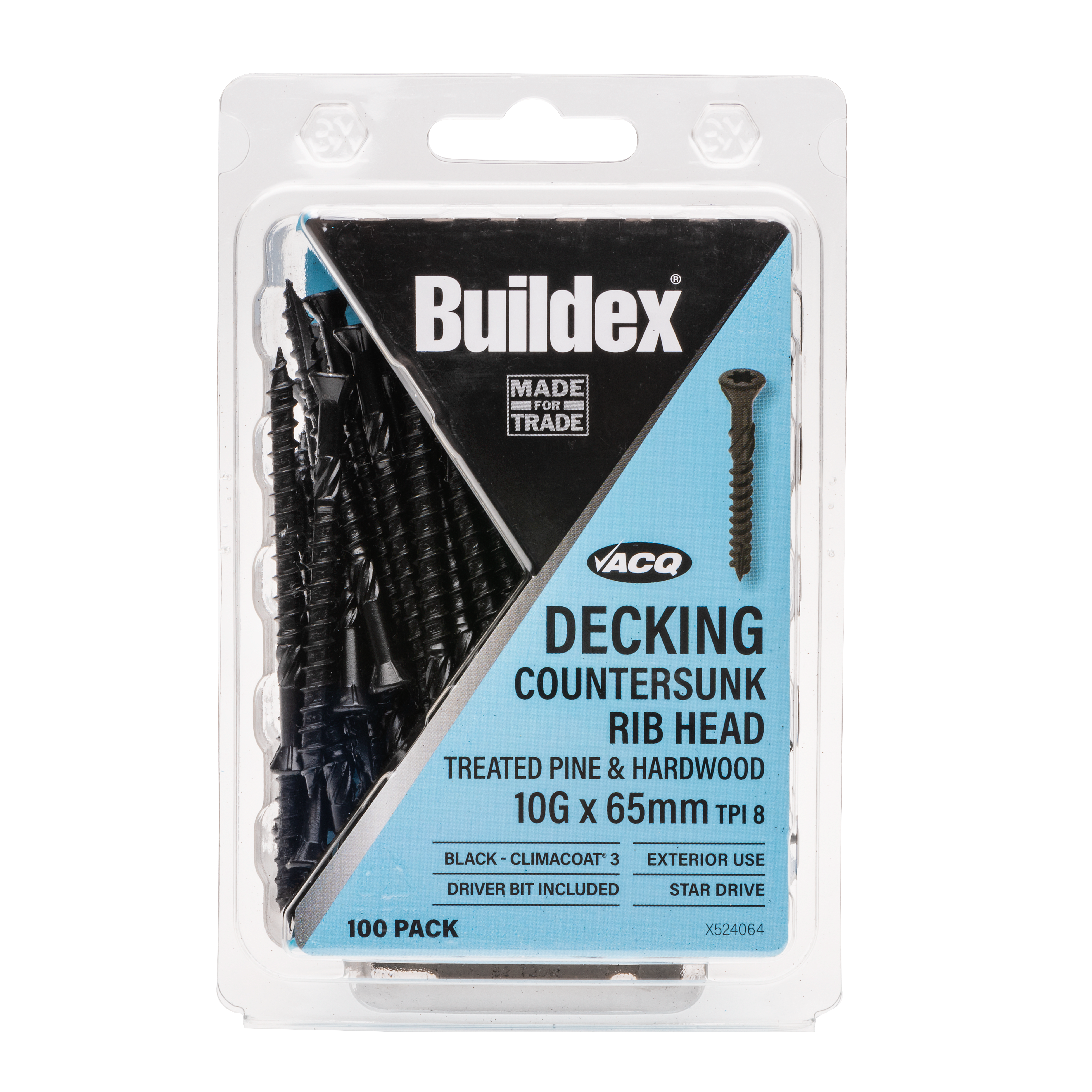 Buildex® Decking Screw 10G x 65mm – Countersunk Rib Head – Black Climacoat® 3 – Pack of 100