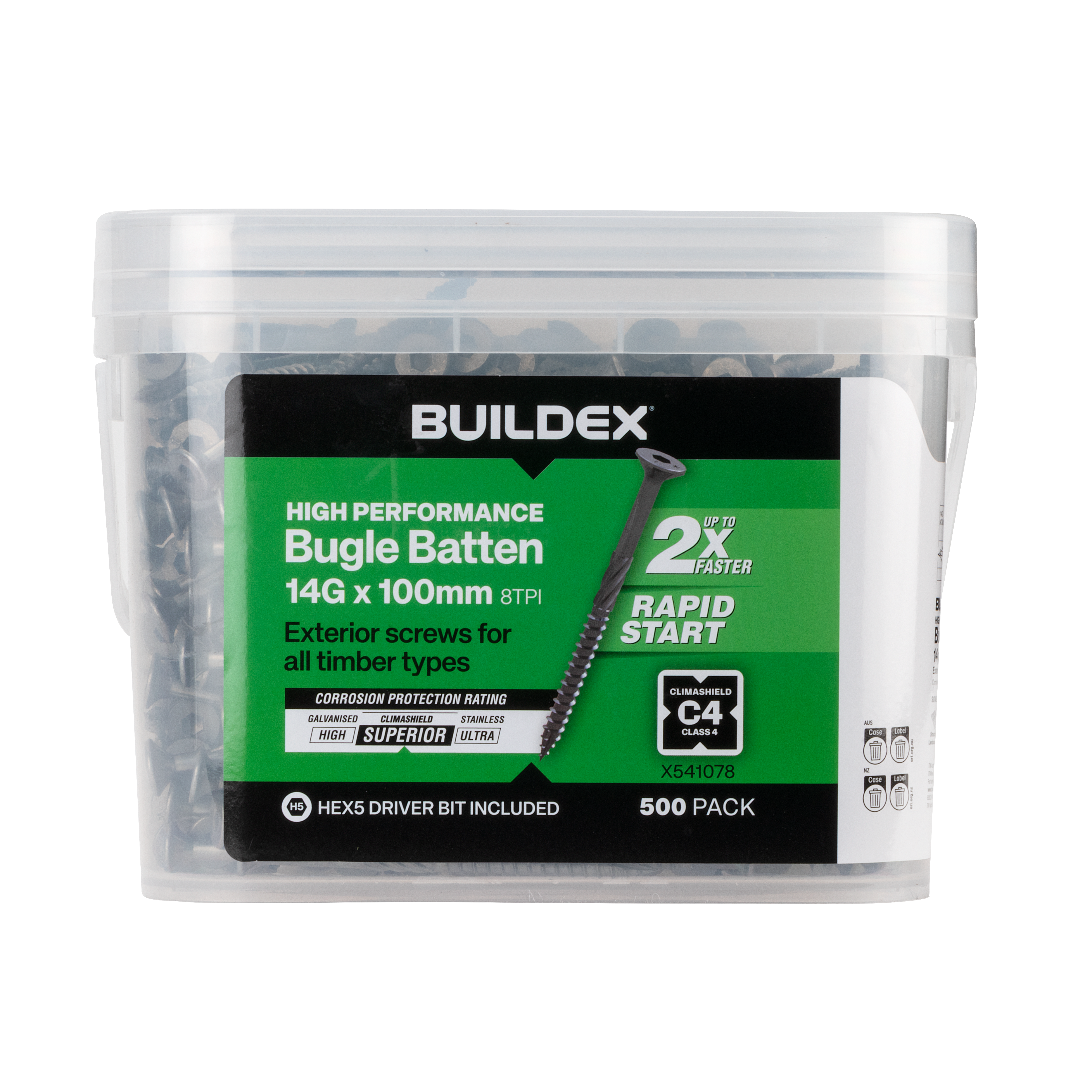 Buildex® High Performance Bugle Batten Screws 14G x 100mm – Hex Head – Climashield Class 4 – 500 Pack
