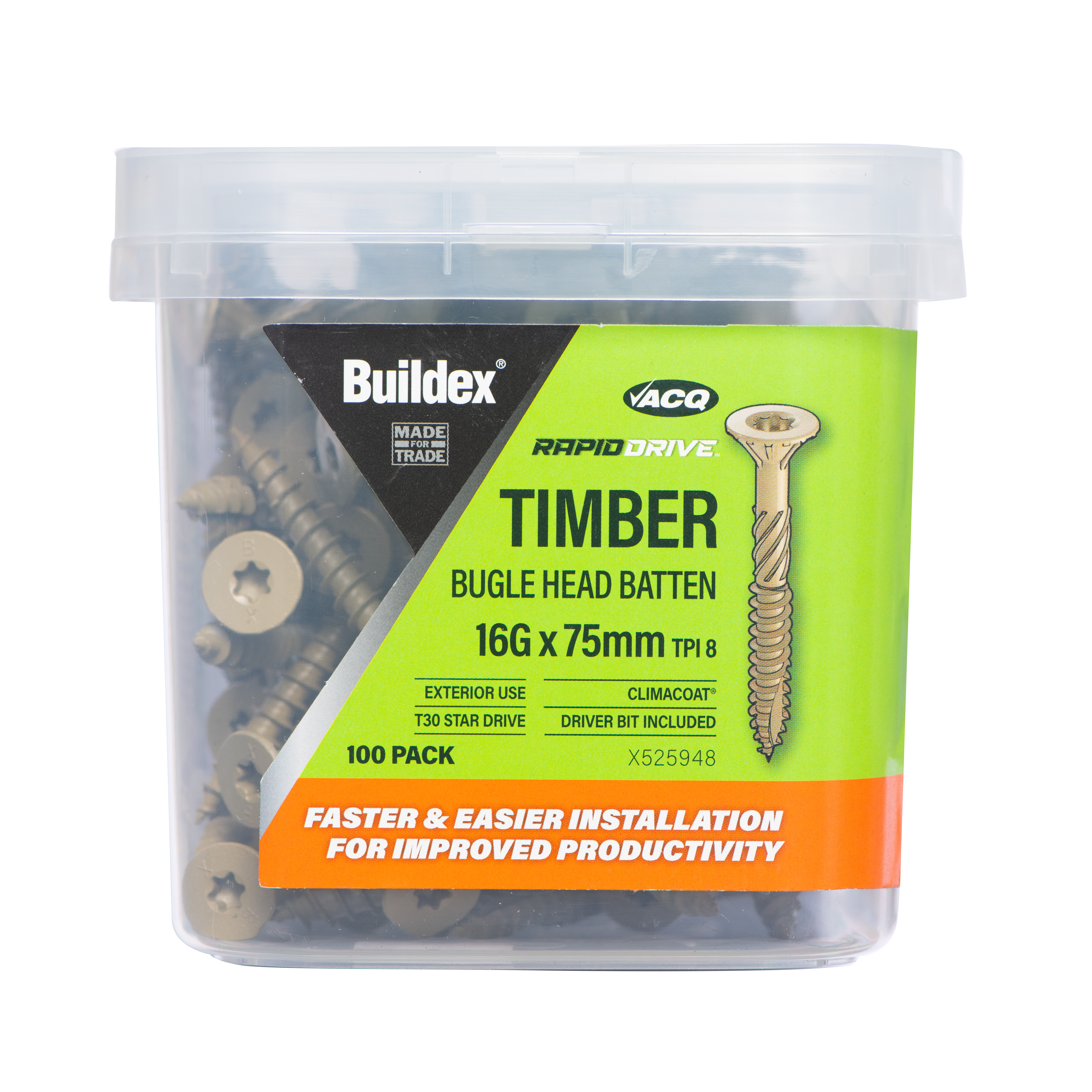 Buildex® RAPIDDRIVE Timber Screws 16G x 75mm – Bugle Head Batten – Climacoat® – 100 Pack