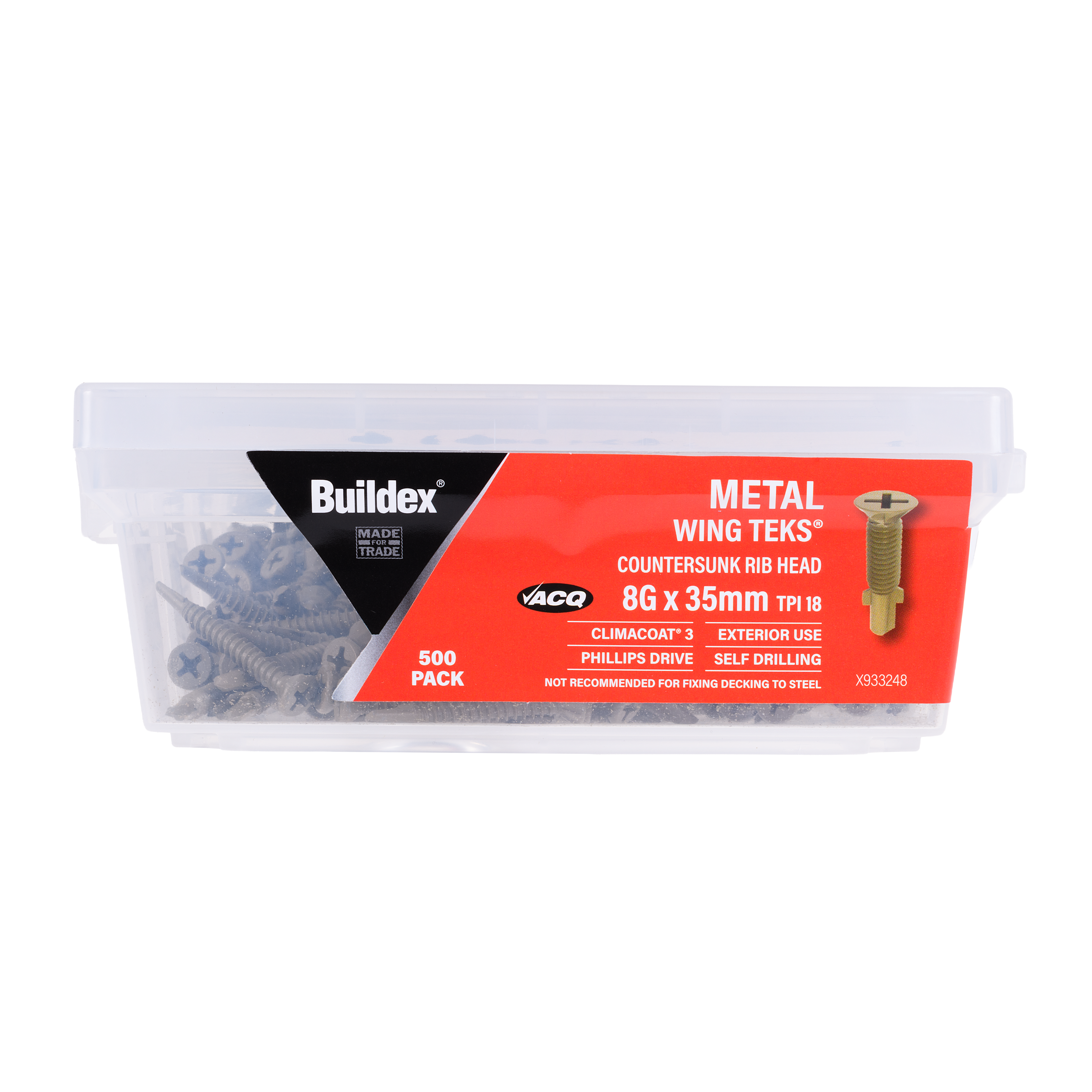 Buildex® Metal Wing TEKS® Screws 8G x 35mm – Countersunk Rib Head – Climacoat® 3 – Pack of 500