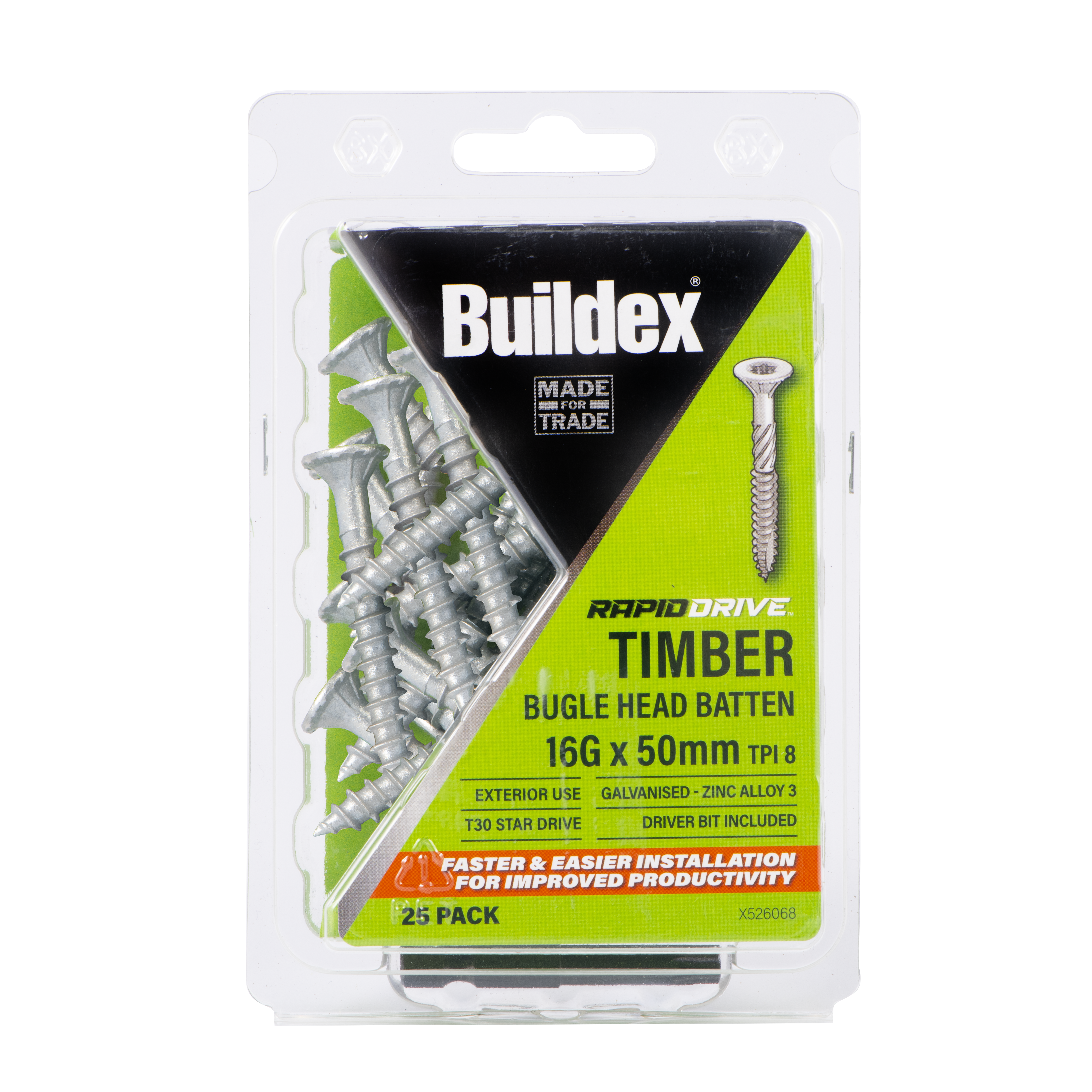 Buildex® RAPIDDRIVE Timber Screws 16G x 50mm – Bugle Head Batten – Galvanised – Zinc Alloy C3 – 25 Pack
